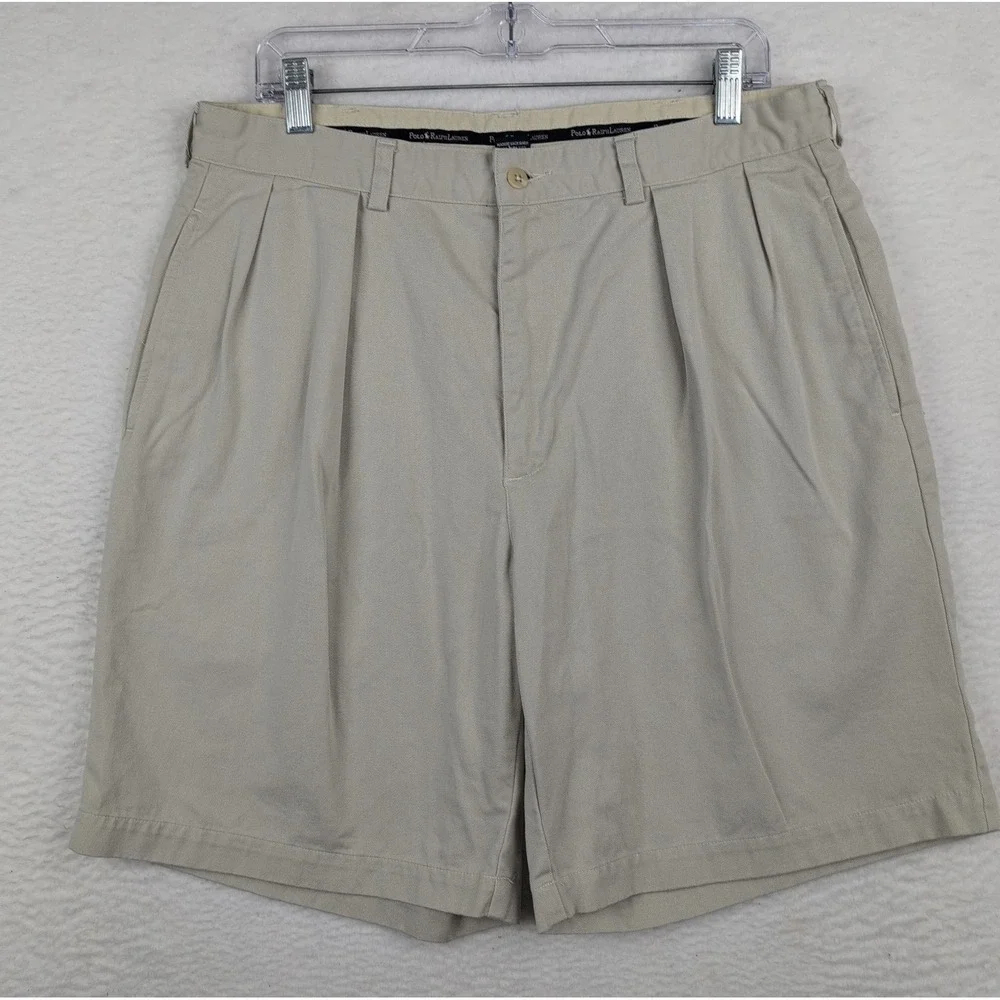 Polo Ralph Lauren Tyler Short Mens 36 Tan Khaki Pleated Classic Chino Cotton 9in